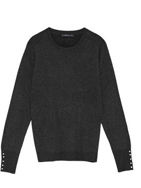 Zara Charcoal Crewneck Sweater with Pearl Cuff